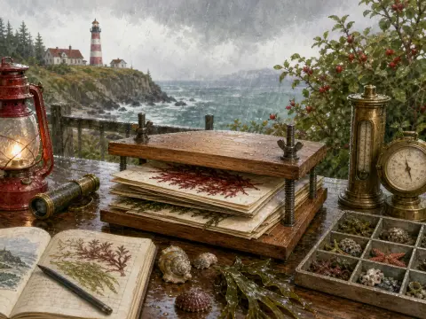 A rainy seaside terrace table with a seaweed press, open field notebook, brass instruments, and distant lighthouse.