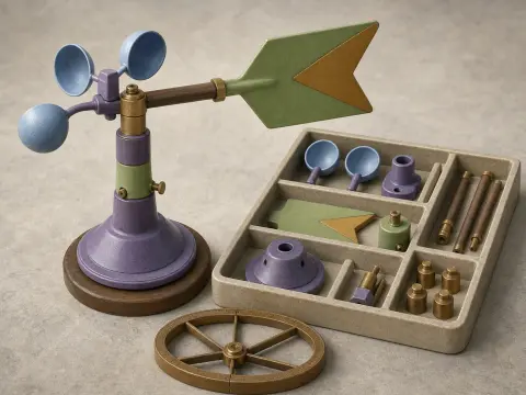 A miniature weather vane and anemometer model next to its parts organized in a compartmentalized tray.