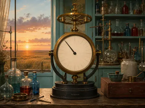 An antique brass barometer sits on a wooden workbench next to a window overlooking a sunset across open fields.