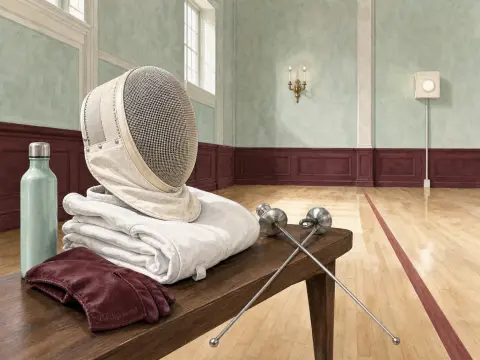 Fencing mask, folded white uniform, red glove, and foils arranged on a wooden bench inside a fencing hall.