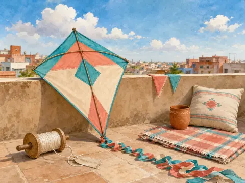 A colorful diamond kite rests against a sunny rooftop wall alongside a string spool and a patterned cushion.