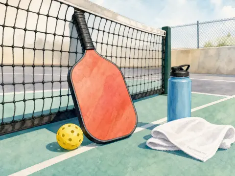 Pickleball paddle, yellow ball, water bottle, and towel resting on an outdoor court beside the net.