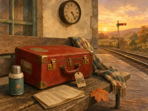 A vintage red suitcase, thermos, and autumn leaf rest on a wooden bench at a train station platform during sunset.