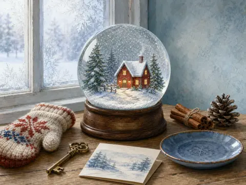 A snow globe with a red cabin inside sits on a wooden sill beside a knit mitten and frosty window.