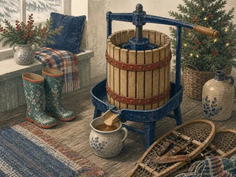 A vintage wooden cider press dripping juice into a crock beside patterned boots and snowshoes inside a rustic room.