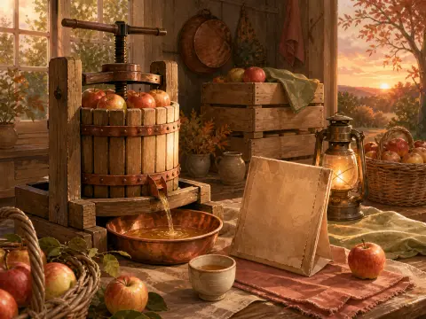 A traditional wooden apple cider press squeezing fresh juice into a copper bowl beside a glowing lantern at sunset.