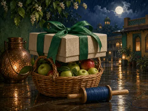 A woven basket of apples topped with a gift box with a green ribbon sits on a wet patio on a rainy night.