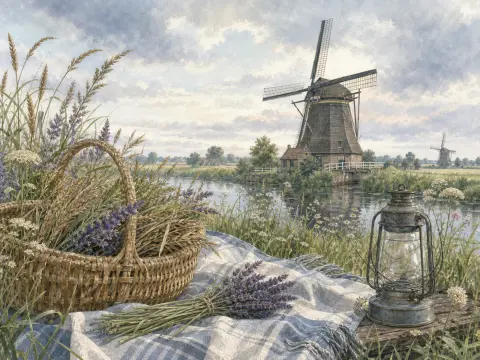 A picnic blanket with lavender, a woven basket, and an old lantern beside a river with a Dutch windmill.