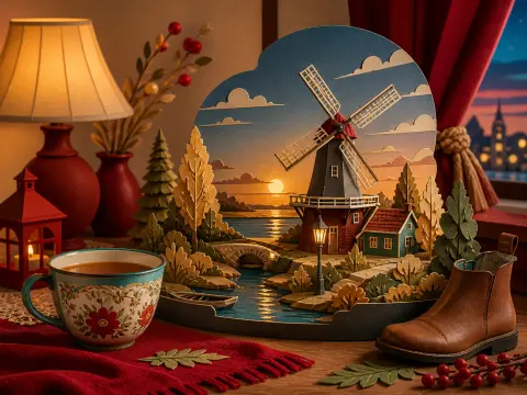 Paper craft diorama of a sunset windmill scene displayed on a wooden table beside a floral teacup and small leather boot.