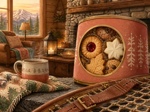 A tin filled with assorted cookies, a warm mug, and snowshoes inside a rustic cabin overlooking snowy mountains.