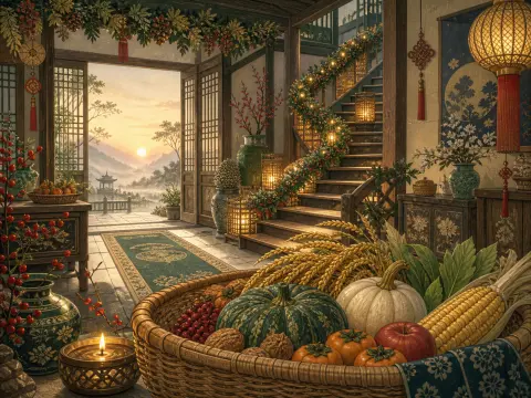 Traditional wooden hall with an autumn harvest basket in the foreground and a lighted garland on the staircase.