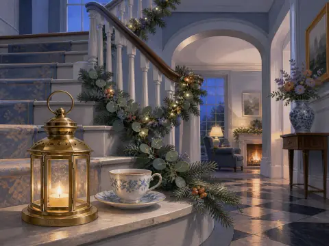A festive staircase decorated with illuminated pine garland, a brass lantern, and a teacup leading to a warm fireplace.