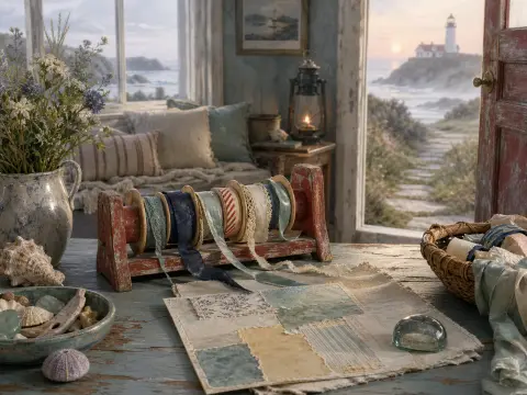 Spools of craft ribbon sit on a rustic table overlooking a coastal path and distant lighthouse at sunset.