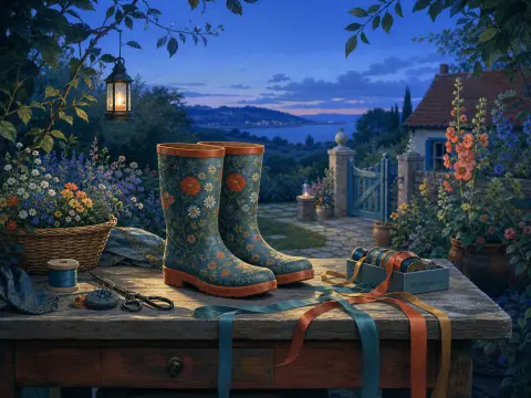 Floral rain boots and craft ribbons rest on a rustic garden table overlooking a coastal village at dusk.
