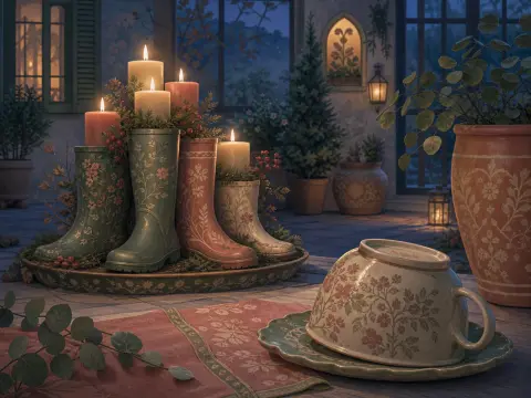 Lit candles placed inside decorative floral boots beside an overturned teacup on a twilight garden terrace.