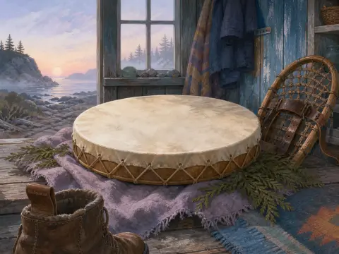 A rawhide drum resting on a purple cloth inside a rustic seaside cabin near snowshoes and a leather boot at dawn.