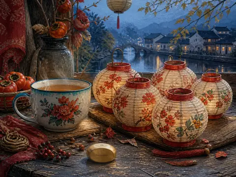 Glowing paper lanterns and a steaming floral mug sit on a wooden table overlooking a twilight river town.