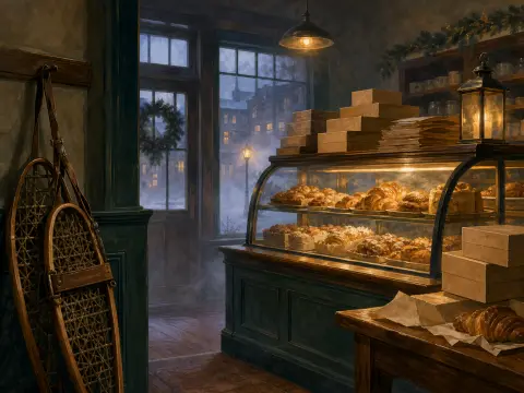 Warmly lit bakery filled with fresh pastries looking out on a snowy street with snowshoes resting by the entrance door.