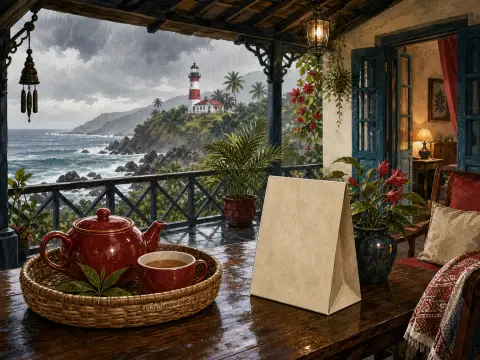 A rainy seaside porch with a red teapot on a wooden table overlooking a lighthouse and stormy waves.