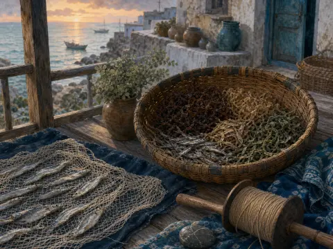 A rustic seaside balcony table with drying fish, woven baskets, and twine overlooking coastal boats and whitewashed houses.