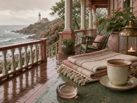 A rainy porch table with a warm cup of tea and folded blankets overlooking a stormy sea and distant lighthouse.
