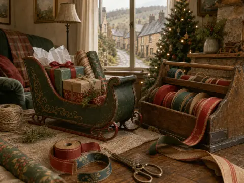 Holiday gift-wrapping table with a decorative sleigh filled with presents, ribbon spools, and a village window view.