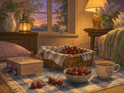 A cozy room featuring a basket and bowl of cherries, a tea cup, and a glowing lamp next to an evening window.