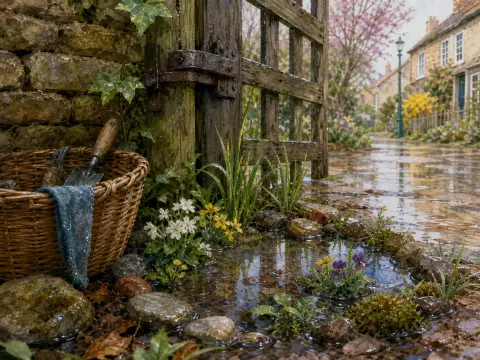 A wicker basket with garden tools and spring wildflowers beside a rain puddle near an open wooden gate on a village path.