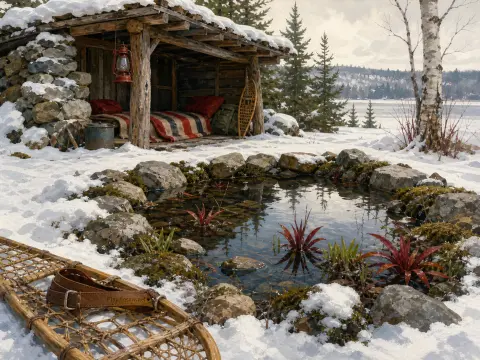 A rustic wooden shelter and snowshoes beside a clear, rock-lined pond in a snowy mountain landscape.