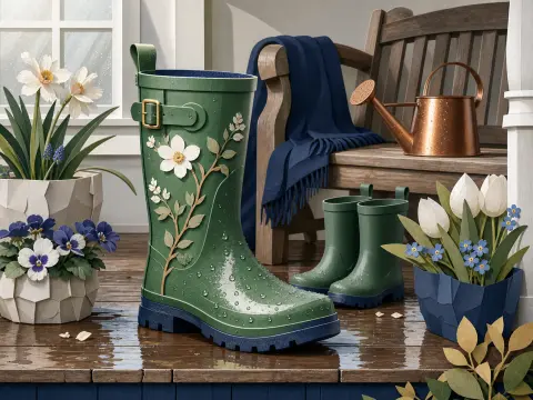A green floral rain boot stands on a wet wooden porch next to potted spring flowers and a copper watering can.