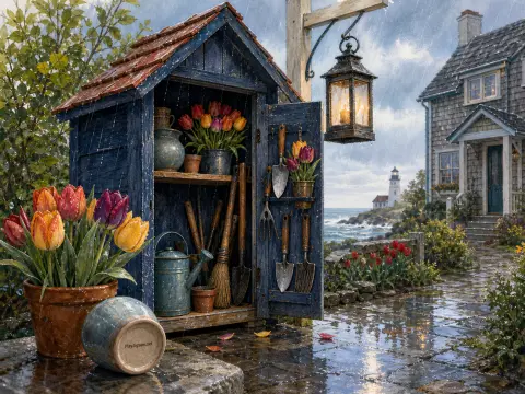A blue garden shed with tulips and tools sits on a wet stone terrace overlooking a rainy sea and lighthouse.