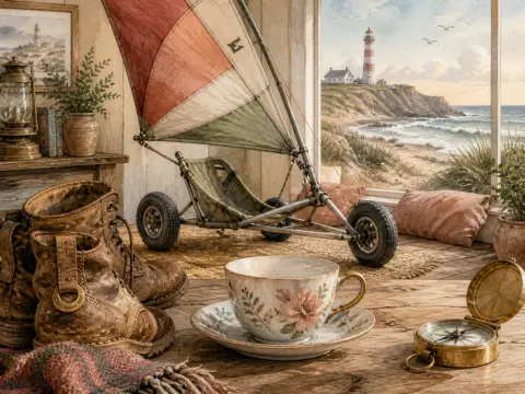 A teacup, leather boots, and brass compass on a table in front of a landsailer and a lighthouse window view.