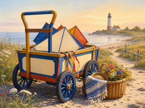 A colorful wooden wagon carrying kites beside a picnic basket on a sandy path leading to a coastal lighthouse.