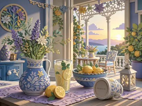 A papercraft scene of a balcony table with fresh lemons, lemonade, and a floral pitcher overlooking a seaside sunset.