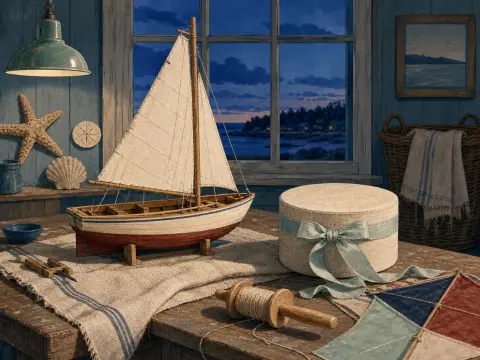 A wooden model sailboat sits on a rustic table beside a round gift box in front of a window at twilight.