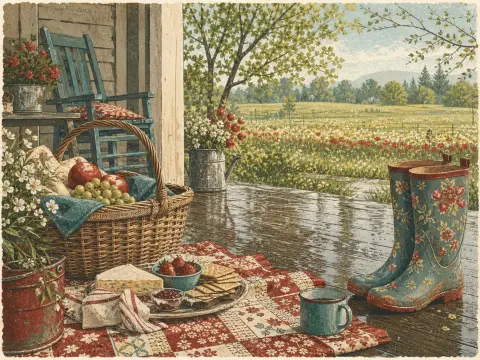 A picnic basket, snacks, and floral rain boots rest on a wet wooden porch overlooking a summer meadow.
