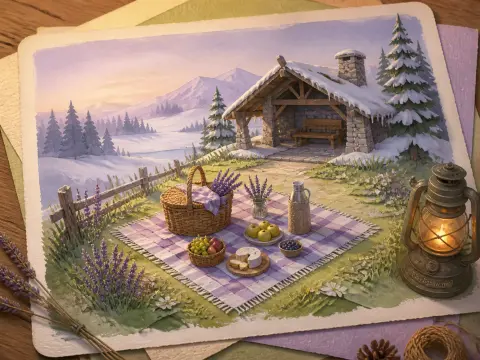 A picnic blanket with fruit and lavender before a snowy mountain cabin, with a glowing lantern nearby.