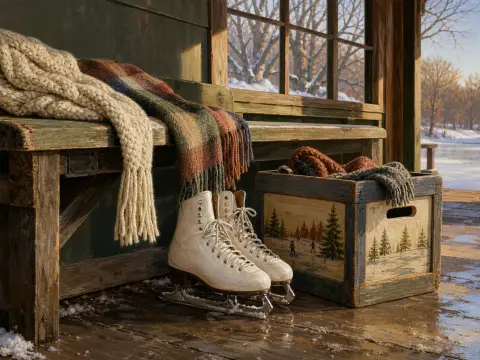 White ice skates resting on a wooden porch bench next to knitted scarves and a painted crate overlooking a snowy lake.