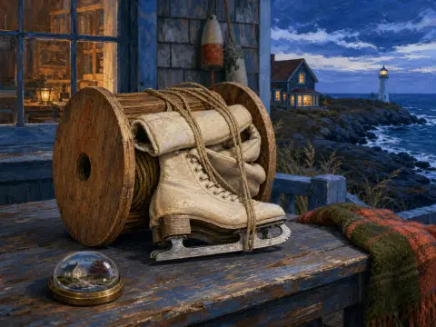 White ice skates resting against a wooden spool on a coastal porch overlooking a distant lighthouse at dusk.