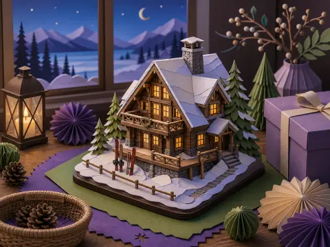 A miniature wooden ski cabin model covered in snow surrounded by paper decorations and a lantern near a winter window.