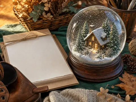 A snow globe featuring a cozy winter cabin sits beside blank paper and a leather boot on a rustic table.