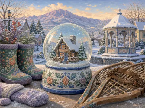 A decorative snow globe with a miniature cabin sits beside floral boots and wooden snowshoes before snowy mountains.
