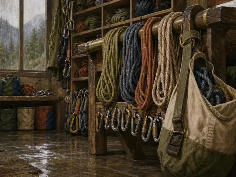 Colorful coiled climbing ropes and shiny carabiners hanging on a rustic wooden bench inside a mountain cabin.
