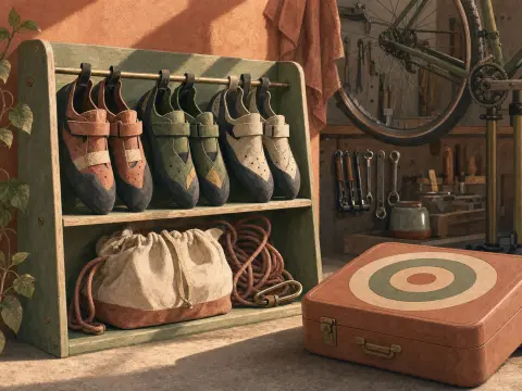 Climbing shoes hang on a wooden shelf above a chalk bag and rope in a sunlit workshop.