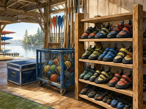 Climbing shoes arranged on wooden shelves inside an open boathouse overlooking a calm lake with kayaks.
