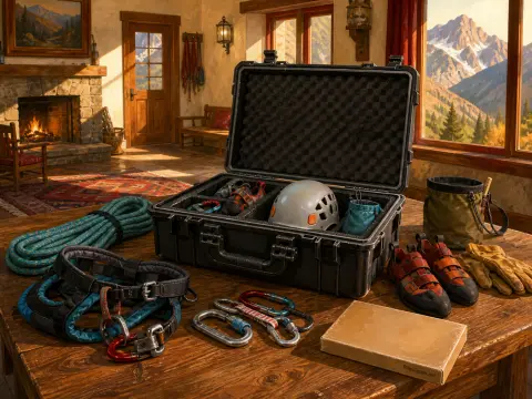 Climbing harness, helmet, rope, and gear case resting on a wooden table inside a cabin with a mountain view.