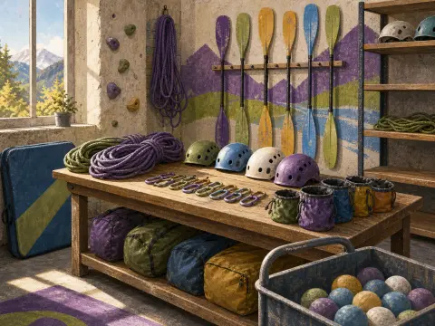 Climbing ropes, helmets, carabiners, and bags arranged on a wooden table in front of wall-mounted kayak paddles.
