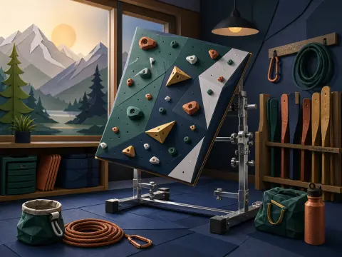 An adjustable indoor climbing training board set on a metal frame beside a window overlooking snowy mountains.