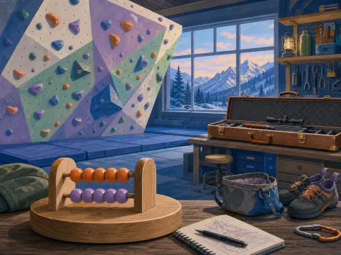 An indoor climbing wall with colorful holds beside a large window framing snowy mountains and a gear-filled workshop table.