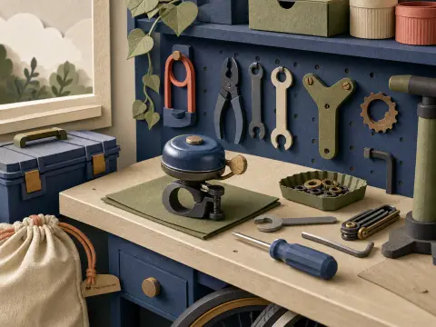 A crafted miniature bicycle repair bench featuring a blue bell, wrenches, pliers, screwdriver, and a tool pegboard.